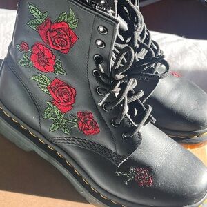 Dr. Martens Black and Red Ankle Boots with Floral Embroidery